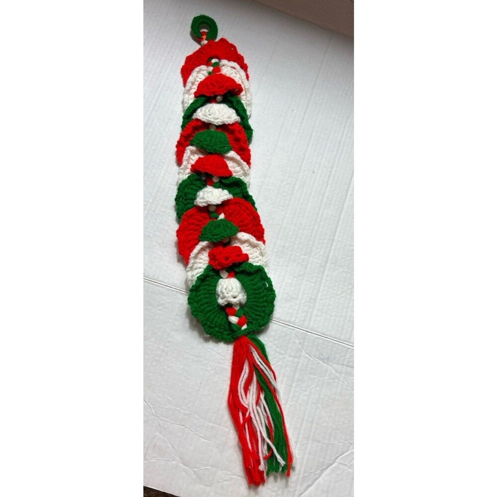 Vintage Handmade Crochet Christmas Bell Door Hanging Red Green Tassel 25”